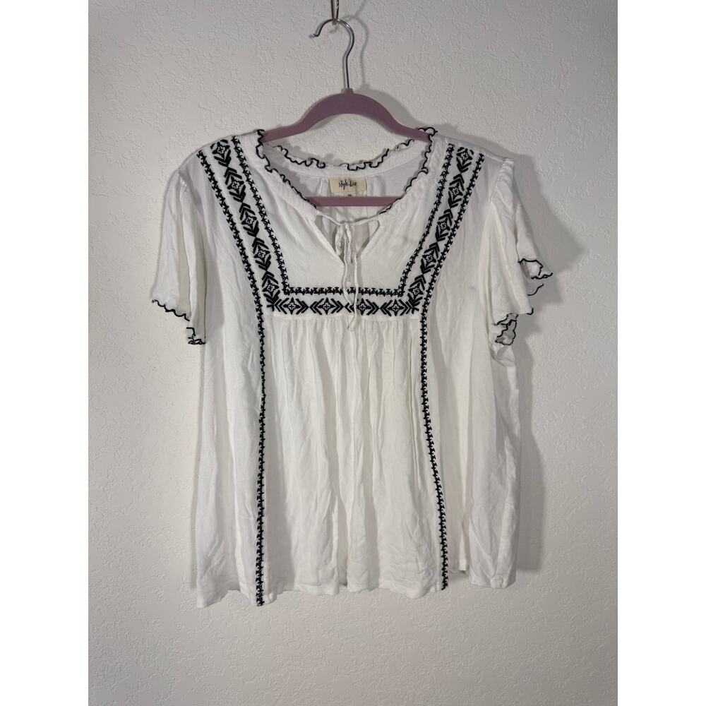 Style & Co White Embroidered Boho Tie Front Top Scalloped Sleeves XXL - Picture 3 of 11